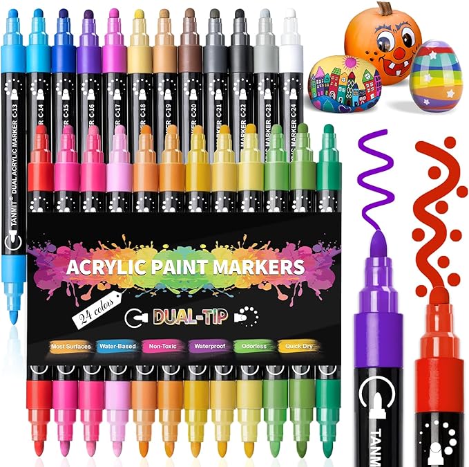 TANMIT Acrylic Paint Pens Markers, 24 Colors Dual Tip Acrylic Paint Pens for Rock Painting, Wood, Canvas, Stone, Glass, Ceramic Surfaces, DIY Crafts Making Art Supplies (Round Tip and Fine Tip)