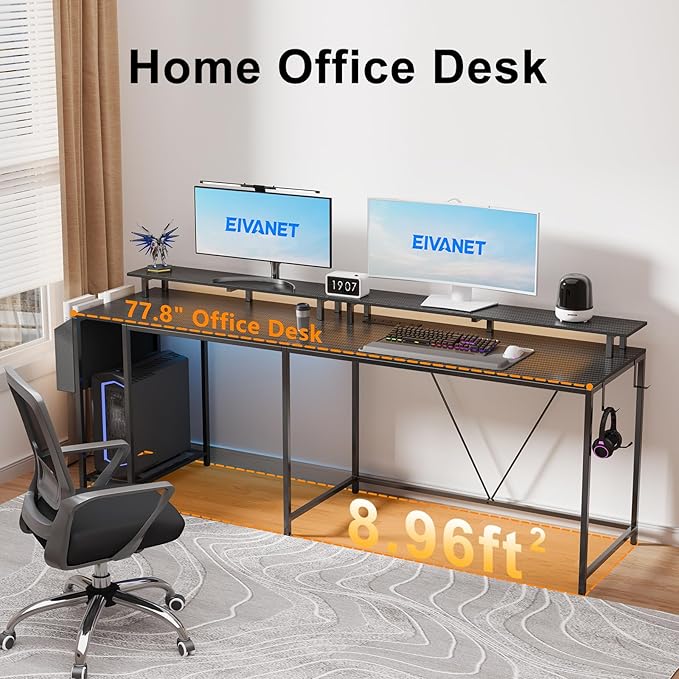 L Shaped Gaming Desk with Power Outlets & LED Lights, 53 inch Corner Computer Desk with Monitor Stand and Storage Bag, Home Office Desk Table for Bedroom, Dual Workstation, Carbon Fiber Black