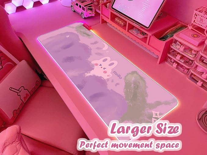 JMIYAV Pink RGB Gaming Mouse Pad 31.5x12 Inch Cute Mousepad PC XL Large Extended Glowing Led Light Up Desk Pad Non-Slip Rubber Base Computer Mat Desk Accessories Gaming Setup Purple Tulip Bunny