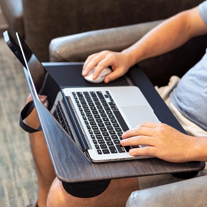 LAPGEAR Home Office Pro Lap Desk - Gray Woodgrain, Fits 15.6” Laptops | Built-In Mouse Pad & Phone Slot, Wide Cushioned Wrist Rest, Dual-Bolster Microbead Cushion, Carry Handle