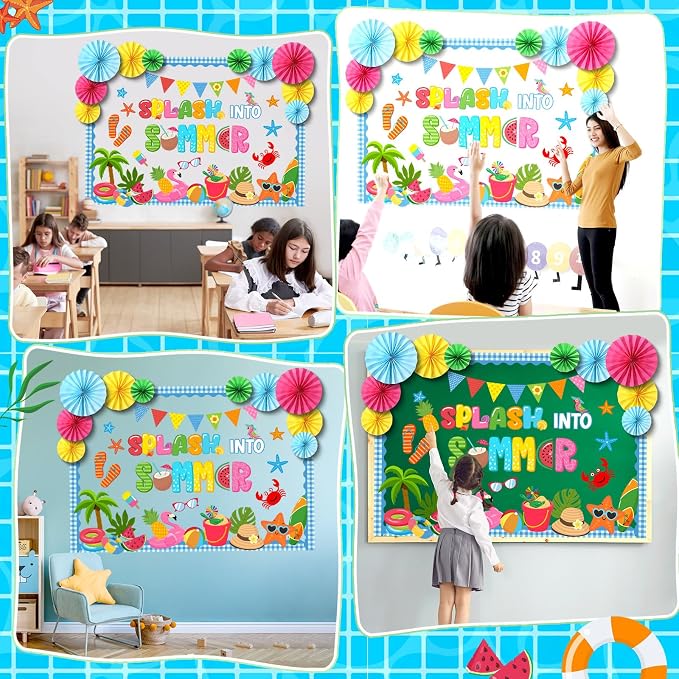 73 Pcs 3D Summer Bulletin Board Decorations with Paper Fans | Tropical Hawaiian Party Decorations Beach Palm Tree Ball Slippers Ice Cream Fruit Classroom Office Wall Door Decor Supplies