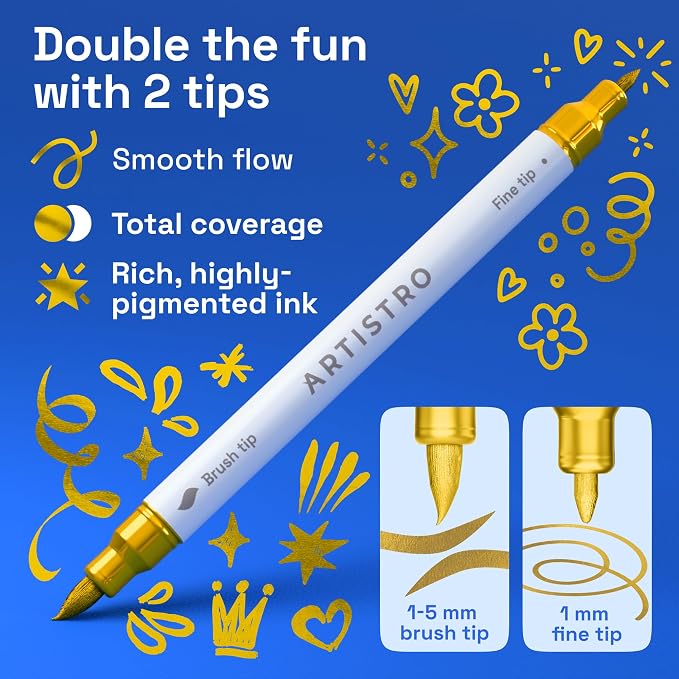 ARTISTRO 12 Gold Dual-Tip Acrylic Paint Marker Pens for Drawing | For Fabric, Rock, Glass, Wood, & Molds, Arts & Crafts Gift for Adults, Teens, & Kids, Classroom Must Haves & School Supplies