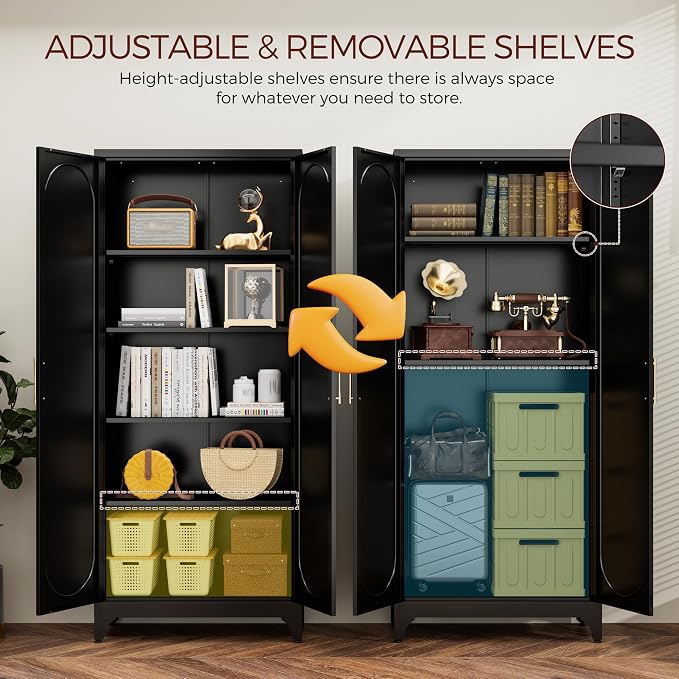 75" Tall White Storage Cabinet with Doors & 4 Adjustable Shelves | Metal Kitchen Pantry Cabinet, Metal Cabinet for Kitchen, Garage, Home Office, Living Room & School