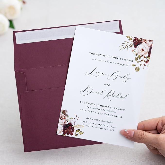 PONATIA 50PCS 5x7 Envelopes, Burgundy A7 Envelopes Self Seal for Weddings, Invitation Cards, Photos, Postcards, Greeting Cards Mailing, Baby Shower, Graduation, Christmas Gift Cards