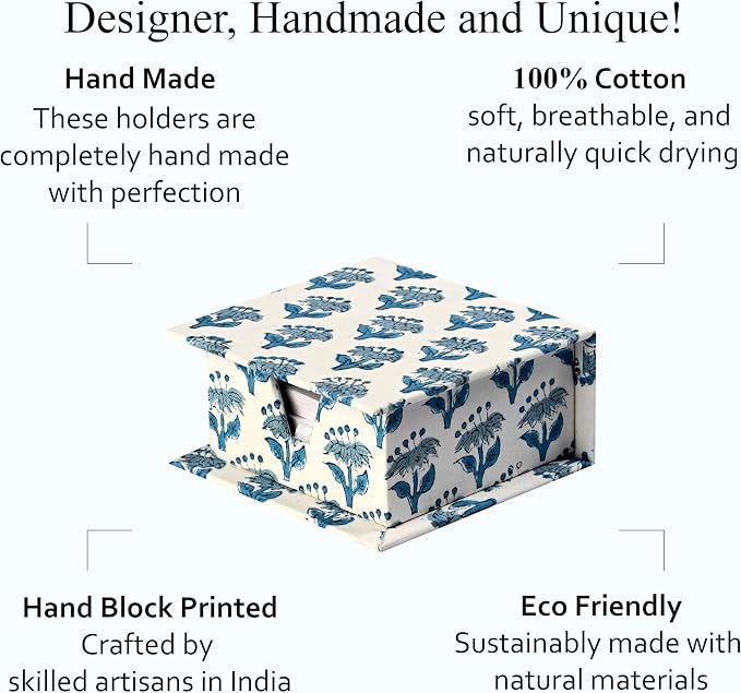 CPC Apatite Blue Block Print Cotton Desk Organizer Sticky Note Holder | Cute, Aesthetic, Decor Accessories, Workspace Organizers, Caddy Storage, Gift for Office, Professionals, Student