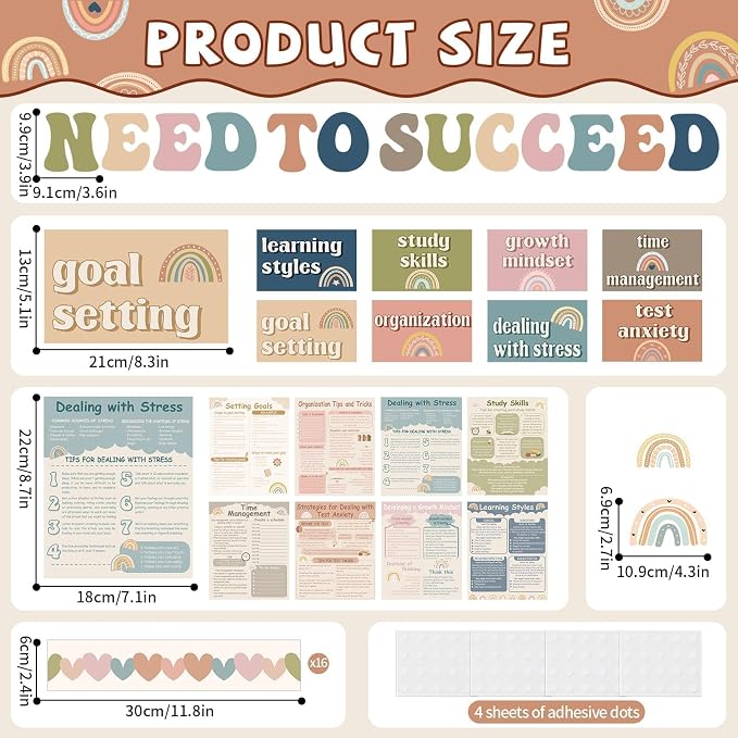 47 Pcs Need to Succeed Counselor Bulletin Board Set Boho Mental Health Classroom Bulletin Board Decorations Positive Growth Mindset Posters with Covers for Counseling Therapy Office School Home Decor
