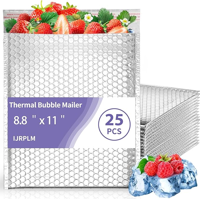 25 Pack Thermal Bubble Mailer, 8.8 x 11" Metallic Bubble Mailers, Self Seal Cool Mailers, Foil Mailing Envelopes, Waterproof Padded Envelopes, Insulated Shipping Bags for Cold Shipping