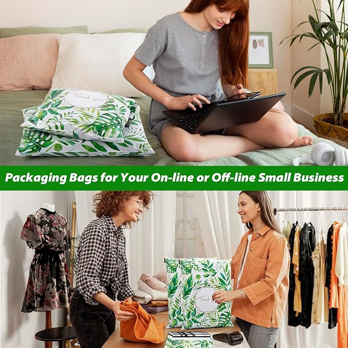 Oududianzi Poly Mailers 10x13, 100 Pack Thank You Shipping Bags, Mailing bags, Mailers Poly Bags for shipping, Shipping Envelopes, Packaging Bags for Shipping - Green leaf