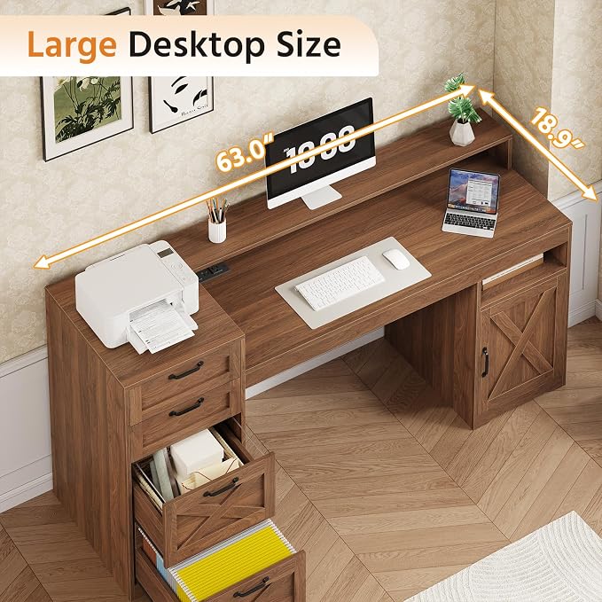63" Farmhouse Computer Desk with 4 Drawers for Home Office, Bedroom | Executive Desk with Printer Shelf, Monitor Stand, Home Office Desks with Power Outlets, Storage Shelves, Brown