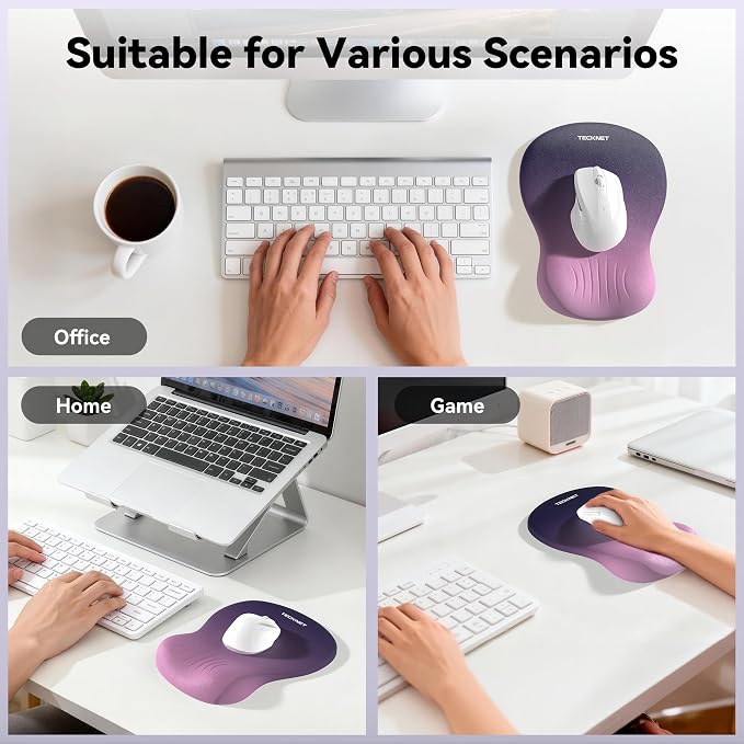 TECKNET Ergonomic Mouse Pad with Wrist Rest, Smooth Surface & Non-Slip Base | Memory Foam Mousepad with Wrist Support, Ergonomic Middle Concave for Laptop/PC, Pain Relief for Home Office, Gradient Purple