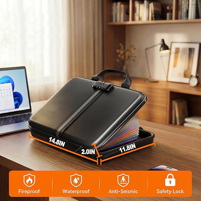 Fireproof Accordion File Organizer with Lock,Hard-Shell Fireproof Document Box with 13 Pockets for Certificates, Passports Laptop Important Documents Portable Home Office Travel Safe Storage