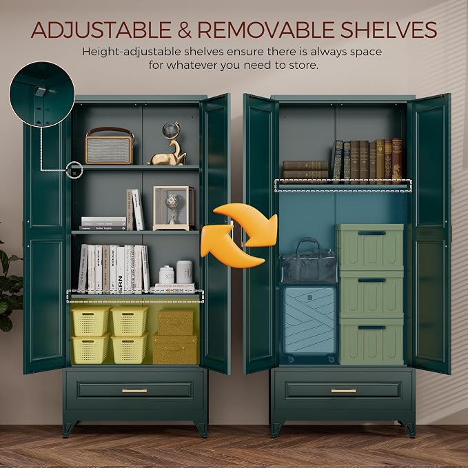 75" Tall Metal Kitchen Pantry Cabinet, Storage Cabinet with Doors | Kitchen Cabinet with Drawer & 3 Adjustable Shelves, Tall Food Pantry, Cupboard for Kitchen, Dining Room, Garage & Office