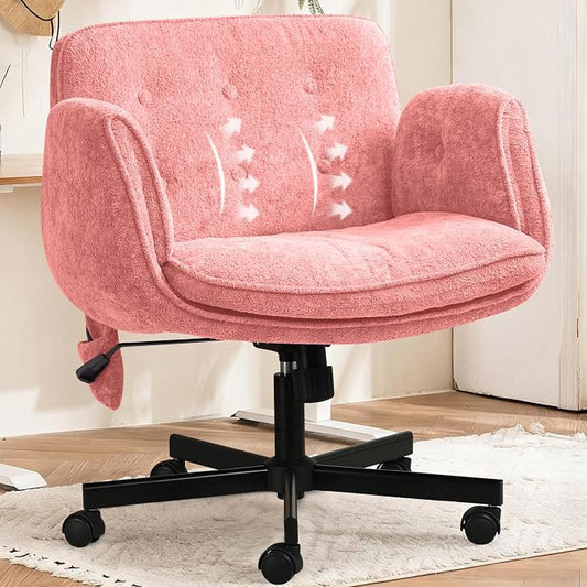 Criss Cross Chair with Lumbar Airbag & Folding Arms Relieve Back Pain, Wide Cross Legged Office Chair for Home Office, Comfy Swivel Desk Chair with Wheels, 5 Level Adjustable Armrest, Chenille(Pink)