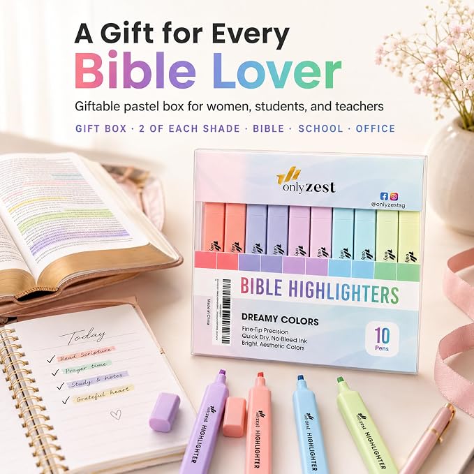 10 Aesthetic Bible Highlighters - Chisel Tip Liquid Ink Marker | Pen with Snap Caps for Clean Highlighting - Assorted Colors, No Bleed & Quick Dry - Bible Marker for Journaling & Studying