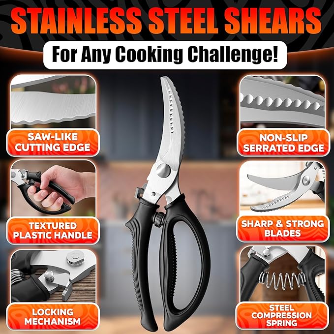 Poultry Shears Heavy Duty – Stainless Steel Chicken Shears with Spring Loaded Design, Non-Slip Serrated Edge & Safety Lock, Dishwasher Safe – Bone Cutting Scissors for Turkey, Poultry & Spatchcock