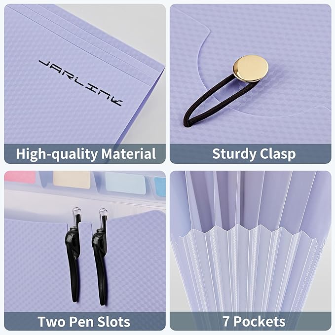 JARLINK 7 Pockets Expanding File Folder, A4 Accordion File Folders with 12 Labels, Cute Paper Organizer, Portable Document Organizer for College School Office Supplies, Macaron Pupple & Macaron Green