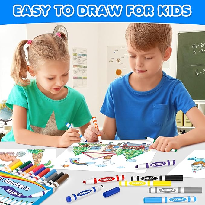 24 Color Washable Markers, Colored Washable Markers for Kids, Broad Tip Durable for Coloring Book, Back to Classroom Art School Supplies for Students Teachers Children