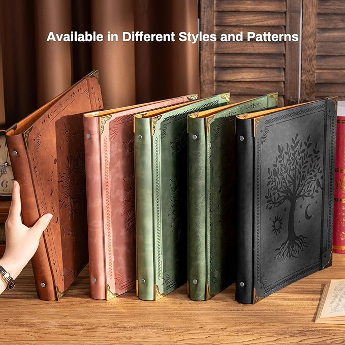 PU Leather 3 Ring Binder 1 Inch Round Ring Binder Holds 200 Sheets 8.5"x11" Letter Size Paper, Wedding Family History Notebook Cover Loose Leaf Organizer, Black