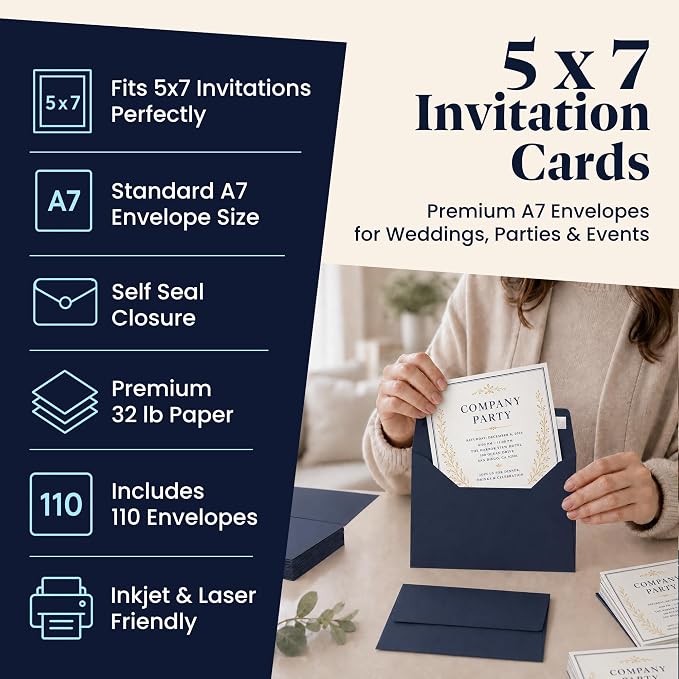 110 5x7 Navy Blue Invitation Envelopes - for 5x7 Cards - A7 - (5 ¼ x 7 ¼ inches) - Perfect for Weddings, Graduation, Baby Shower - 120 GSM - Peel, Press & Self Seal - Square Flap
