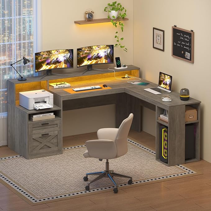 63" Farmhouse L Shaped Desk with Drawers & Storage Shelves for Home Office | Corner Desk with Power Outlets & LED Lights, L-Shaped Office Desks with File Drawer, Printer Shelf, Monitor Stand, Grey