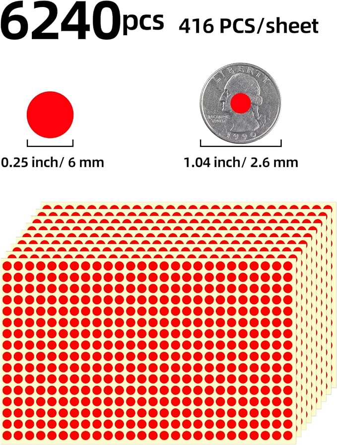 6240 PCS Small Dot Stickers 1/4" Round Circle Stickers Tiny Red Color Coding Labels Mini Sticker Strong Adhesion for Office, Home, Classroom (Red, 1/4" (6 mm))