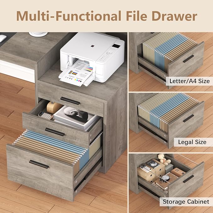65" Computer Desk with 3 Drawers & Printer Shelf for Home Office | Office Desk with Printer Shelf & File Drawer, Executive Desk Writing Study Table with Monitor Stand, Grey