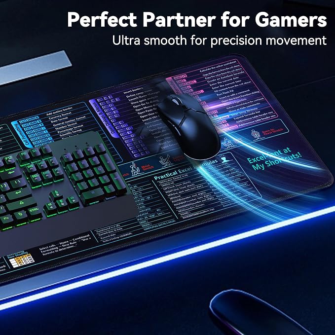 Excel Cheat Sheet Desk Pad and Gaming Mouse Pad with A Non-Slip Rubber Base | Features 7 Dedicated Shortcut Key Zones, Constructed from Waterproof Material 31.5L x 11.8W in Stitched Edge Excel Mouse Pad
