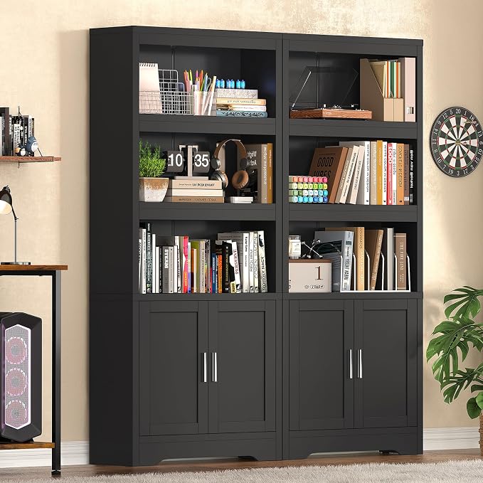 Book Shelf and Bookcase with Doors, 5-Tier Display Storage Cabinet with Adjustable Shelves, Open Compartments, Remote Control LED Lights, Tall cabinet for Bathroom Kitchen Living Room, Home Office