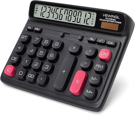VEWINGL Desktop Calculator with Large LCD Display, 12-Digit Dual Power Solar & Battery Office Calculator with Big Buttons for Business, Accounting & Home Use (Black, L)