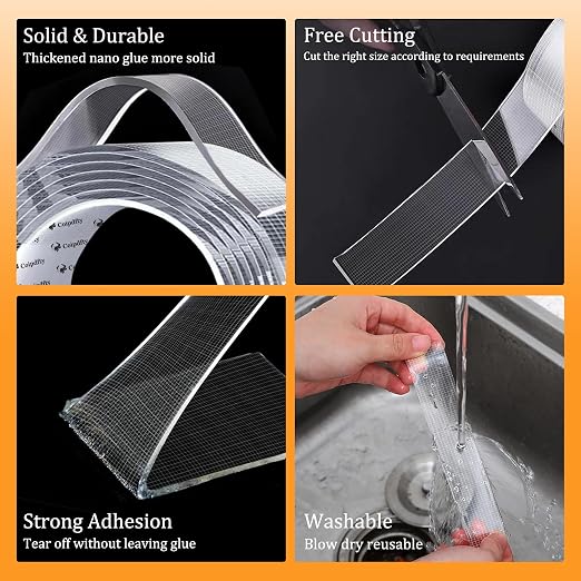 Double Sided Tape Heavy Duty for Wall Decor No Damage to Paint,Clear Removable Mounting Tape,Nano Two Sided Adhesive Tape,Picture Hanging Strips for Posters, 2Rolls(1.18inx6.5FT+0.39inx6.5FT)-Grid