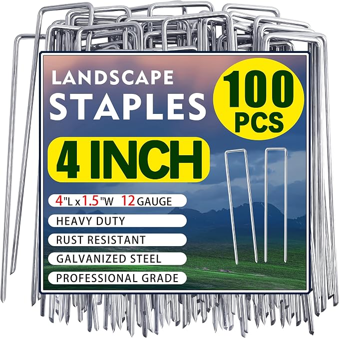 100 Pack Landscape Staples 4 Inch 12 Gauge Garden Stakes | Galvanized Garden Staples Pins Anti-Rust Ground Stakes for Weed Barrier, Irrigation Tubing, Landscaping Fabric, Yard Lawn