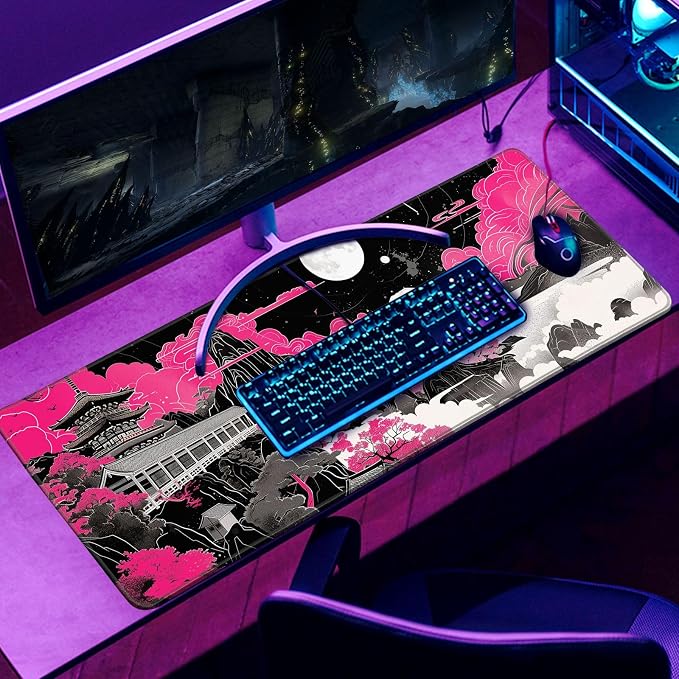 Future Kyoto Mouse Desk Pad Japanese Pink Desk Mat Desk Decor Black White Large Gaming Mouse Pad for Desk Mousepad Computer Office Keyboard Laptop Big Mouse Pad Xl-31.5x11.8 in
