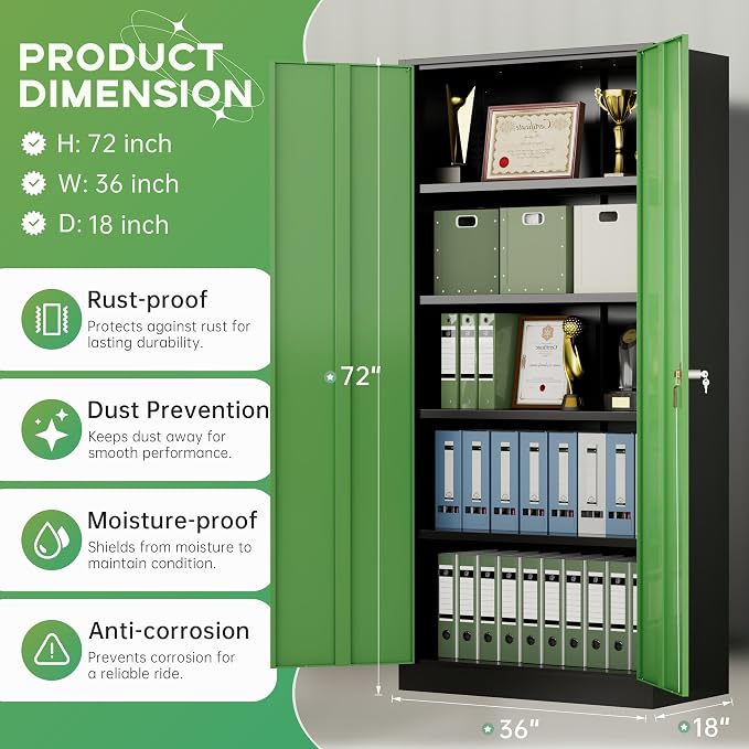 Metal Storage Cabinet, 72" Steel Lockable File Cabinet with Locking Doors and Adjustable Shelves, Locking Storage Lockers for Office, Home, Garage, Gym, School (Black Green)