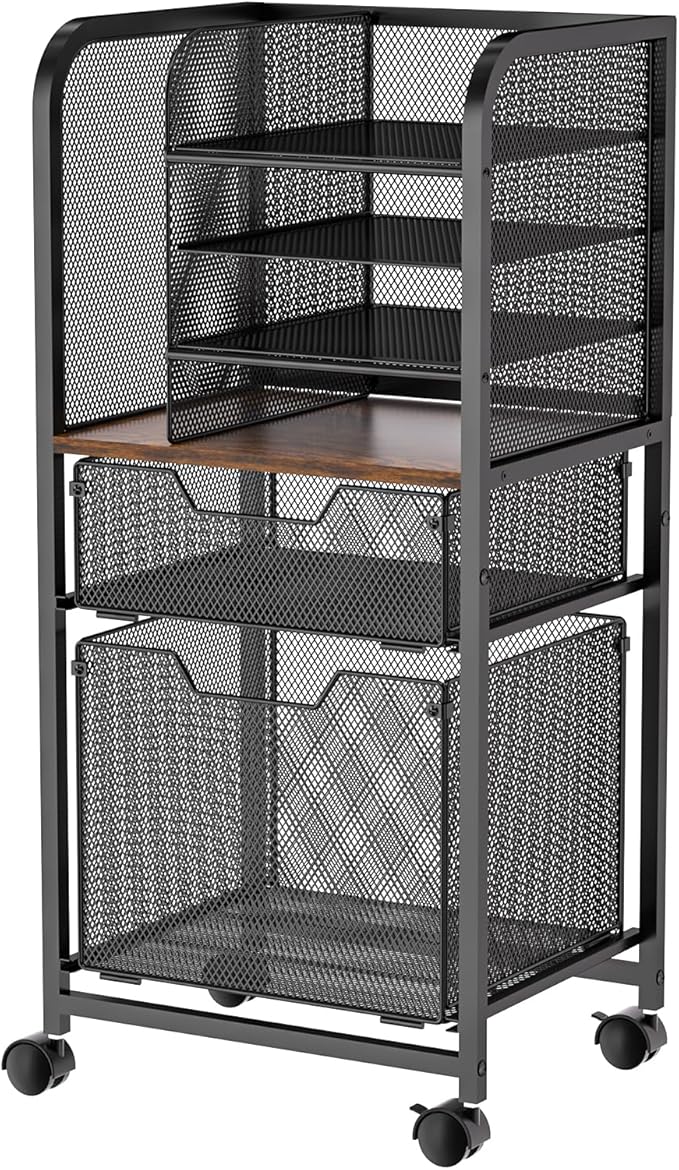 Feyejade 6-Tier Rolling File Cart Multi Mobile Drawer Cabinet Black | File cabinet organizer with wheels, letter size filing storage cart, home office hanging folder storage for teacher