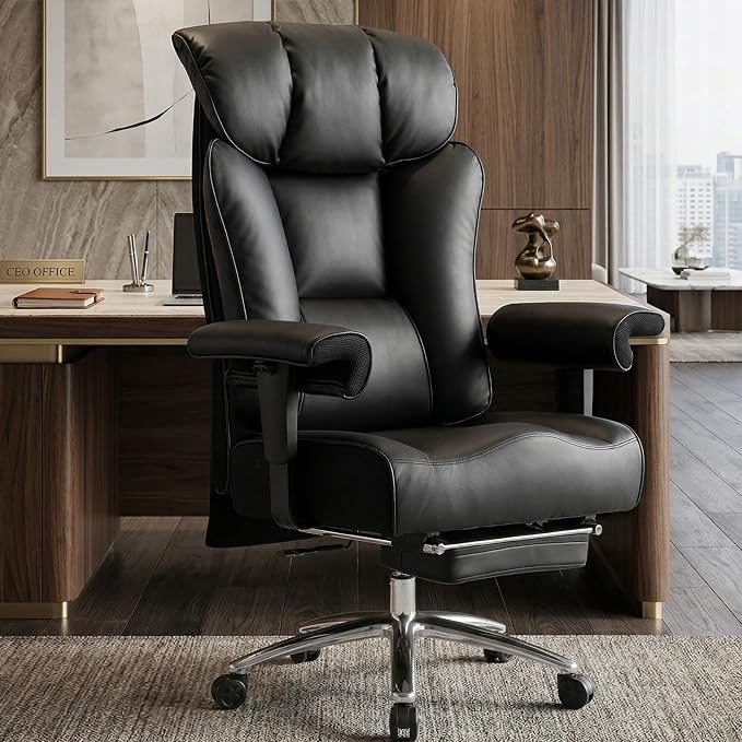 Efomao Big and Tall Executive Office Chair 450lbs,Black | 5.9" Thick Pocket Spring Cushion, Reclining Breathable PU Leather Desk Chair with Foot Rest, Soft Comfortable Support