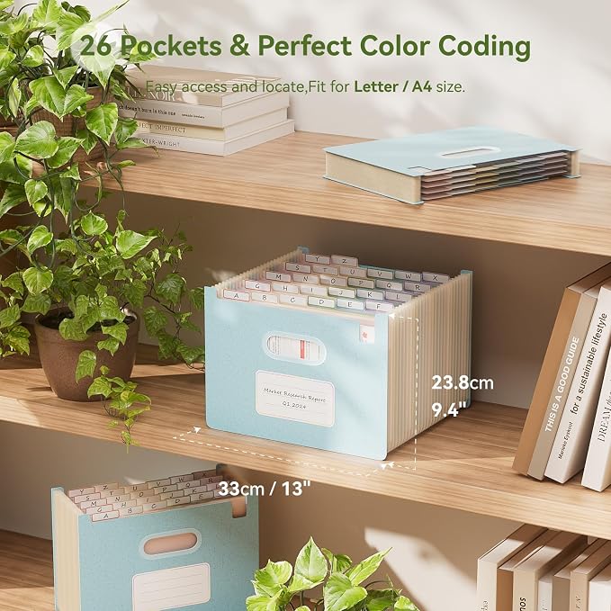 EcoStash 26 Pockets Accordion File Organizer, Upright&Open Top | Wheat Straw, 100% BPA Free, A-Z Bill Receipt Organizer, Letter/A4 Size for School Home Office Hospital - Sky Blue