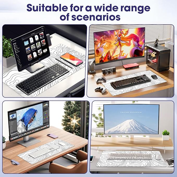 Large Extended Mouse Pad with Stitched Edges 35.4"x15.7" - Waterproof Desk Mat, Non-Slip Rubber Base for All-Desk Coverage, Perfect for Gaming Office Home, White Black