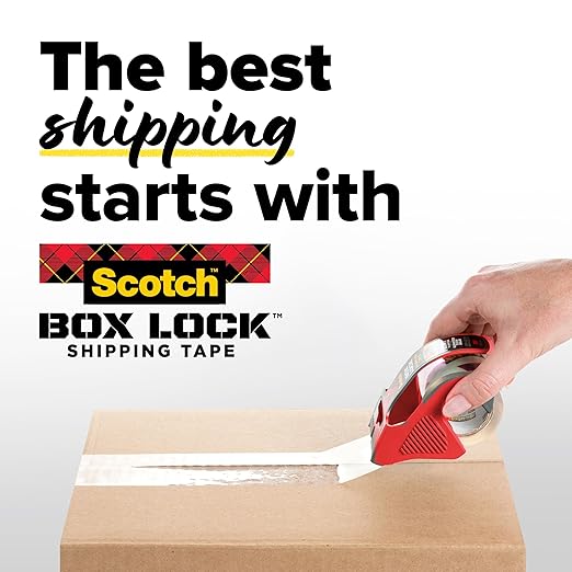 Scotch Box Lock Packing Tape, Clear, Extreme Grip Box Packaging Tape for Shipping and Mailing, 1.88 in x 54.6 yd, 2 Rolls with 1 Dispenser