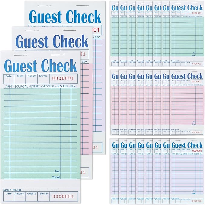 ZPARIK 24 Pack Guest Check Books for Servers, Green Pink Purple | 24 Pack Guest Checks with 50 Sheets Per Book, Multiple Colors, Waitress Notepad for Restaurants, Perfect for Servers