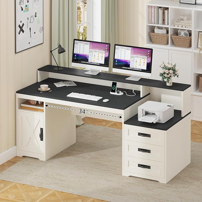 65" Farmhouse Computer Desk with Drawers and Printer Stand for Home Office | Office Desk with Power Outlets and Storage Cabinet, Study Writing Desks with Long Monitor Stand, Black and White