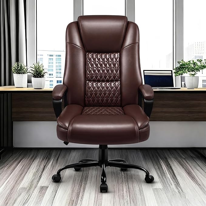 Leather Office Desk Chair,Ergonomic Office Chair with Lumbar Support,Computer Chair,Executive Leather Chair with Padded Flip-up Arm,Adjustable Armrests, Black,275LBS