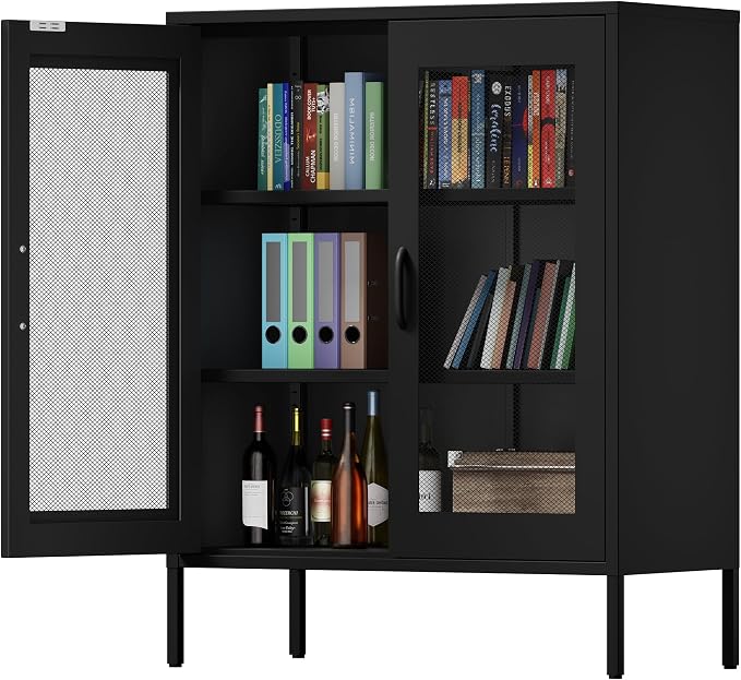 Chshin Black Metal Storage Cabinet,Metal Locker Storage Cabinet with 2 Mesh Doors and Adjustable Shelves,Kitchen Pantry Cabinets for Home,Sideboard,Living Room,Office(40" H)
