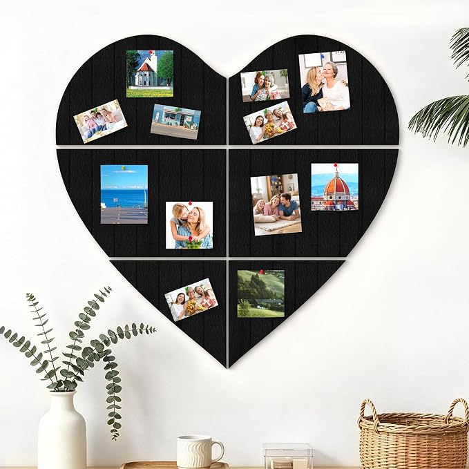 Heart Shaped Felt Bulletin Board 29"x29", 6 Tiles Wall Decor, Black | Photo Display Memo Board for Office Home, Felt Pin Board with Adhesive Tiles and Pins for Notes, Photos and Artwork