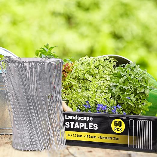 HongWay 60 Pack Landscape Staples 12 Inch, Galvanized Garden Stakes | 11 Gauge Metal Tent Stakes Heavy Duty Extra Long Yard Ground Stakes for Fence, Gardening, Outdoor Decorations