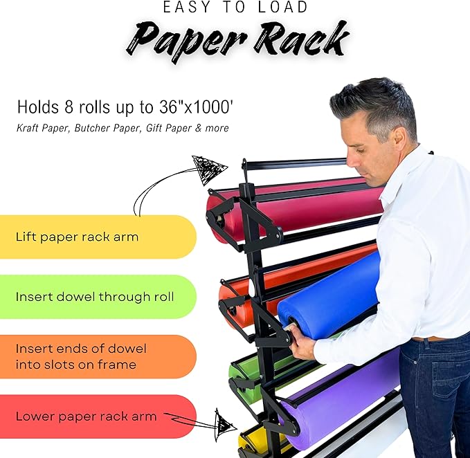 8 Rack Paper Roll Holder Dispenser & Cutter for 36 inch Butcher Craft Rolls | Horizontal Rolling Stand Stores Kraft and Classroom Bulletin Board Supplies