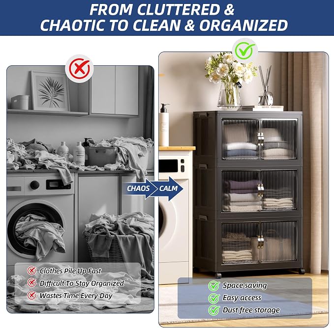 SAILUN 195Qt Stackable Storage Bins,Storage Cabinet with a Lid,3 Pack Black | Stackable Storage Drawers with Lids,22" W x 13" D x 38" H,Featuring open-front Access for Clothes and Closet Storage