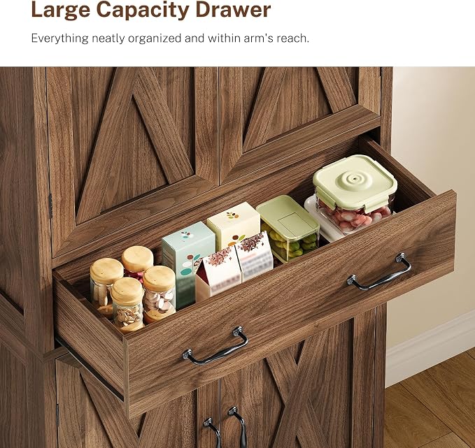Tall Storage Cabinet with 2 Adjustable Shelves & 1 Large Drawer, Kitchen Pantry Cabinet with 4 Doors, Bathroom Storage Cabinets, for Living Room, Kitchen, Bathroom, Walnut