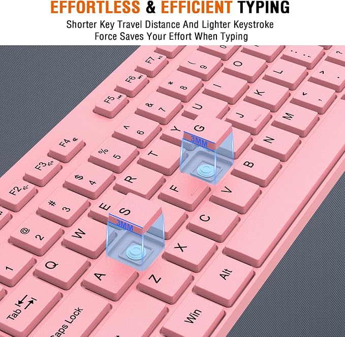 Wireless Keyboard and Mouse Combo, EDJO Silent Full Size Cordless USB Keyboard Mouse, 2.4GHz Lag-Free, Long Battery Life, for Computer, Laptop, PC, Chromebook, Windows (Pink, 1 Pack)