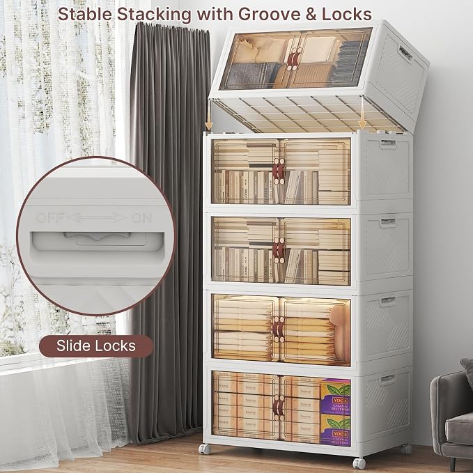 Stackable Storage Bins with Lids, 600QT Lockable Storage Cabinet | Folding Storage Box with Doors and Wheels, Collapsible Plastic Drawers for Home, Garage, Office