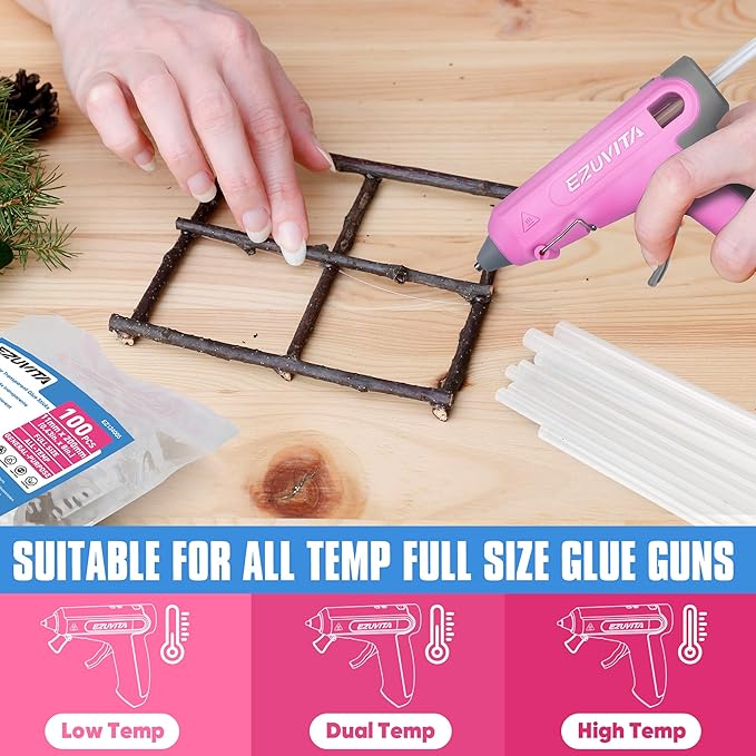 EZUVITA Full Size Hot Glue Sticks, 0.43” Dia x 8” Long, 100-Pack Clear Hot Melt Glue Gun Sticks for All-Temp Full Glue Guns, Multipurpose for DIY Art Craft General Repairs, Festival Decorations